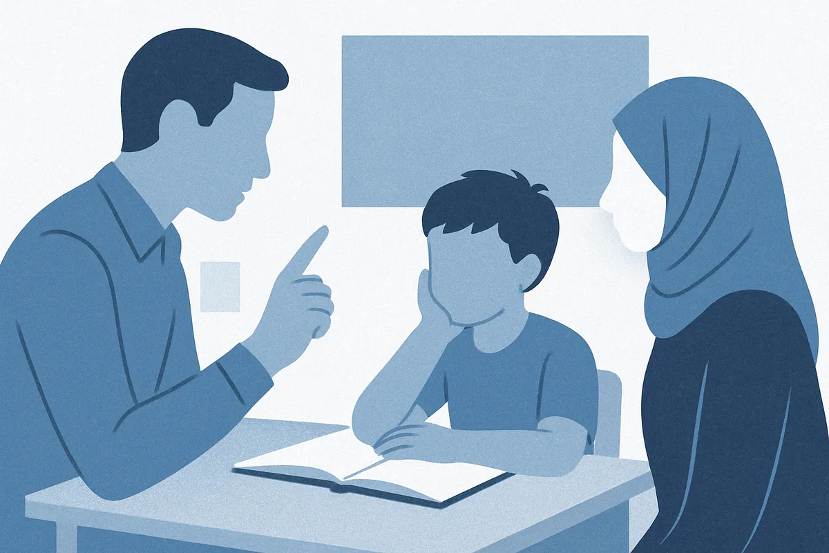 A teacher and parent collaboratively support a focused child during a learning session at a desk in soft blue tones.