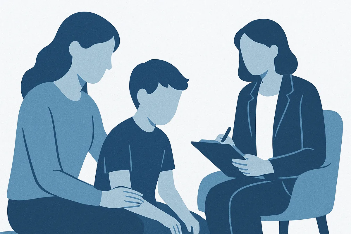 A therapist or clinician sits with a child and parent during an ADHD assessment consultation, all rendered as soft stylised silhouettes in soft blue tones.