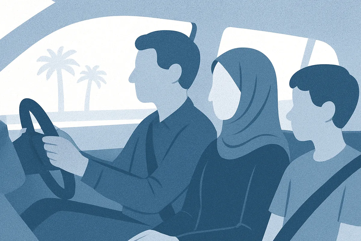 Multiple figures sitting in a car during a drive, with palm trees visible through the window under a bright sky, depicted in soft blue tones.