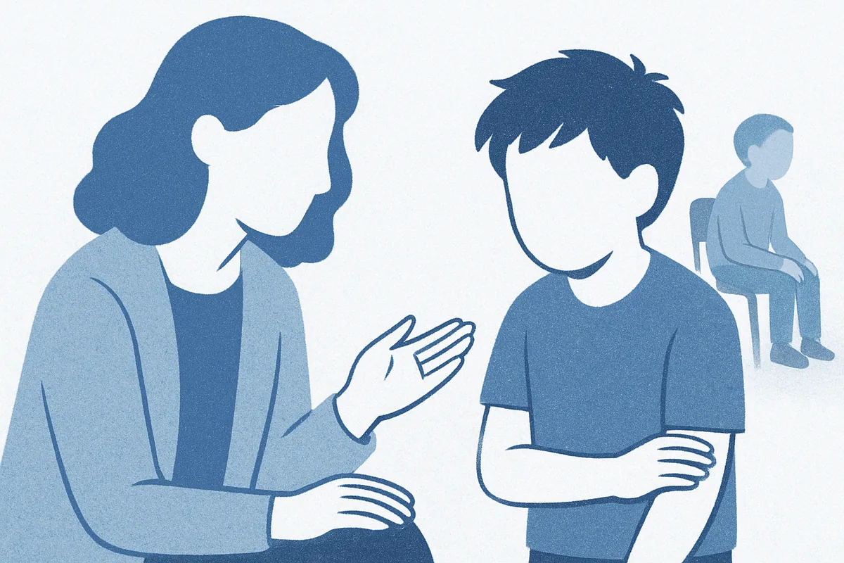 A therapist and child engage in a supportive conversation while another figure sits nearby, illustrating compassionate guidance for children navigating social challenges in soft blue tones.