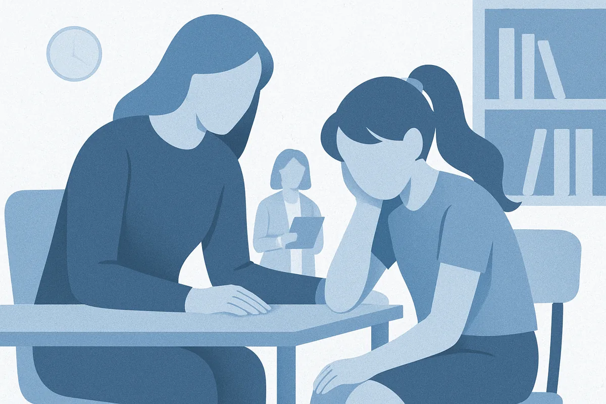 A clinical consultation scene showing healthcare professionals and a patient in discussion within a professional office environment in soft blue tones.