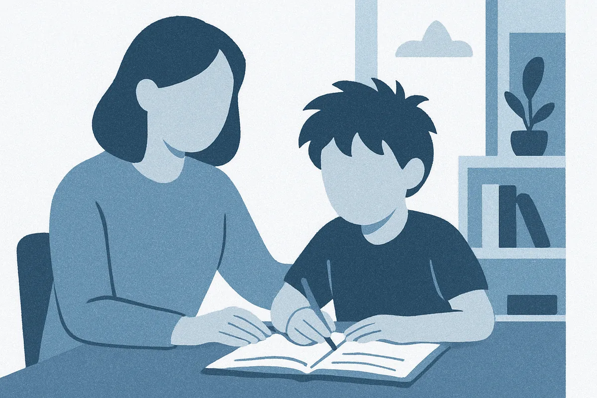 An adult and child sit together at a table reading an open book in a warm home setting with shelving and a potted plant, illustrated in soft blue tones