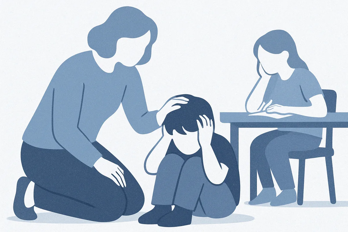 A supportive caregiver comforts a distressed child during a meltdown while another adult observes in a clinical consultation setting, illustrated in soft blue tones.