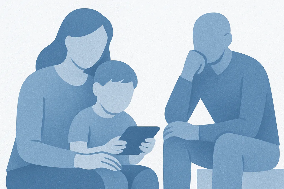 A woman and young child sit together viewing a tablet device while a man sits nearby in contemplative pose, illustrated as faceless figures in soft blue tones.