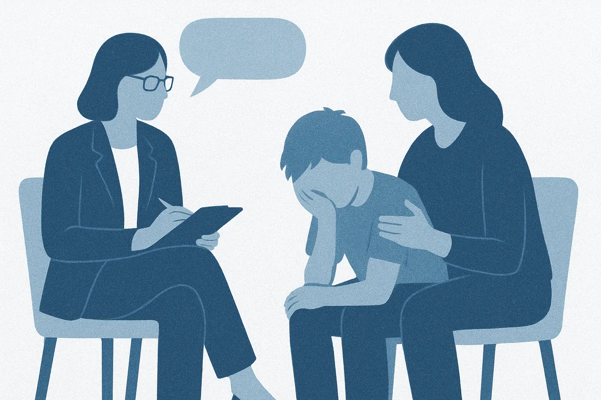 A mental health professional consults with a parent and child during a therapy session, conveying support and open communication in soft blue tones.