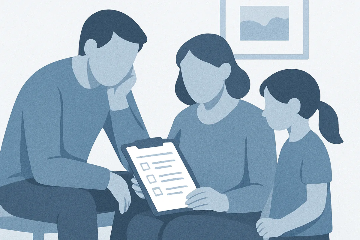 A clinician and child complete an assessment checklist together during an ADHD screening evaluation in soft blue tones.