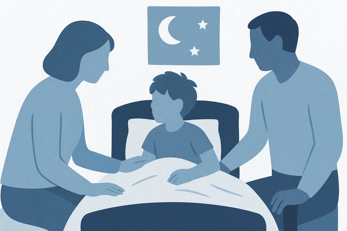 Two parents and a child in bed at night, with the parents providing comfort and support, beneath a moon and stars, in soft blue tones.