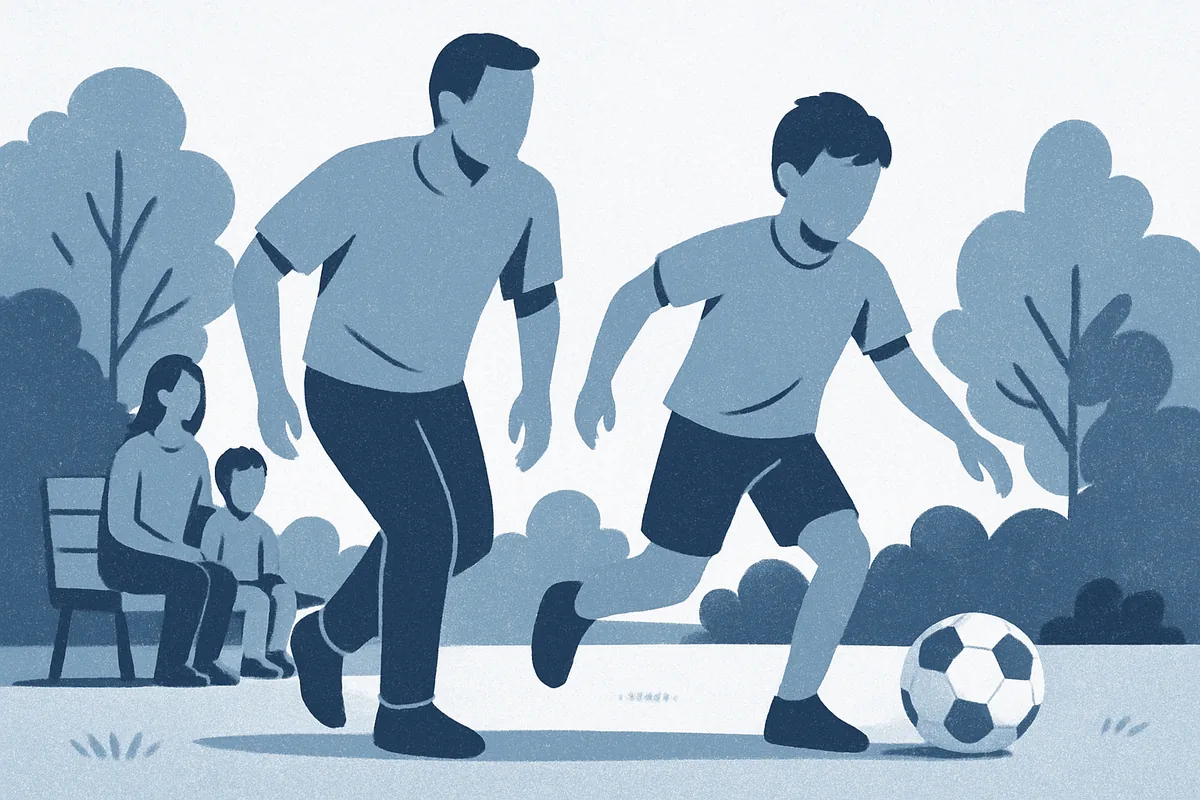 Adults and children playing soccer in a park setting with an observer supervising, depicted in soft blue tones.