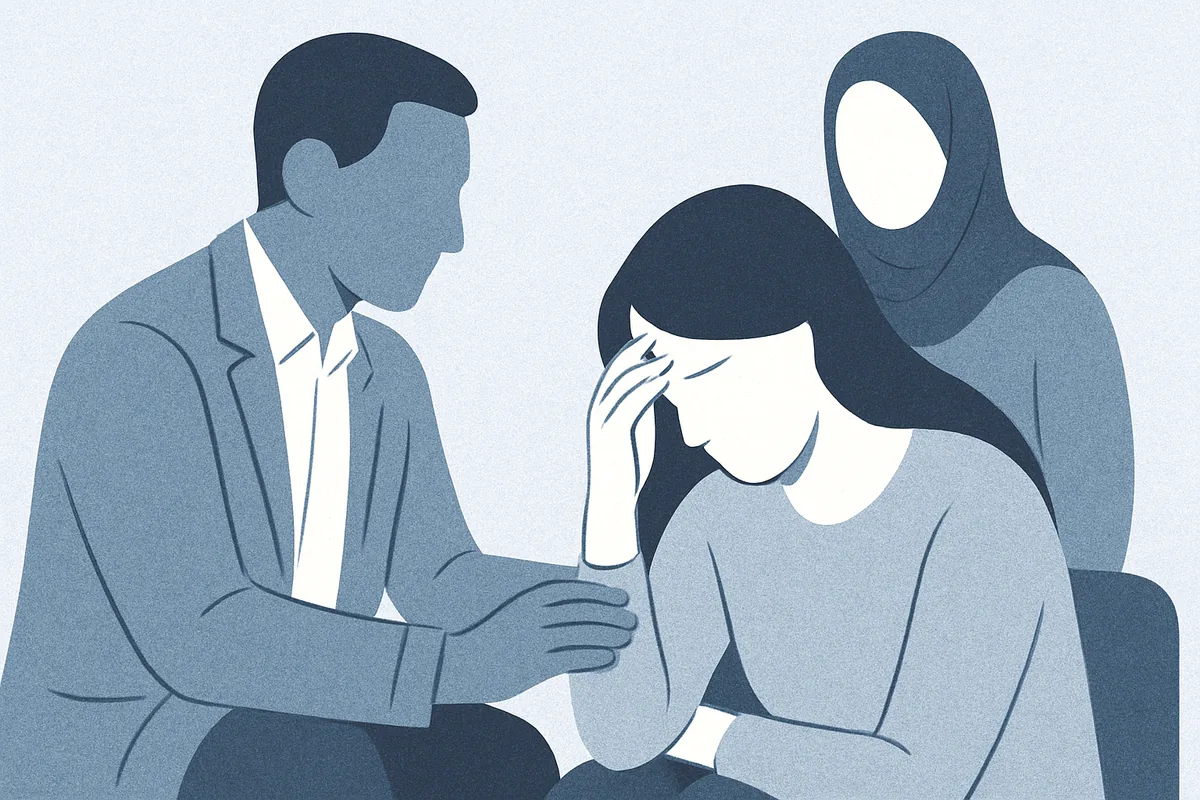 A therapist consults with a distressed client while a supportive figure stands nearby during a mental health session in soft blue tones.