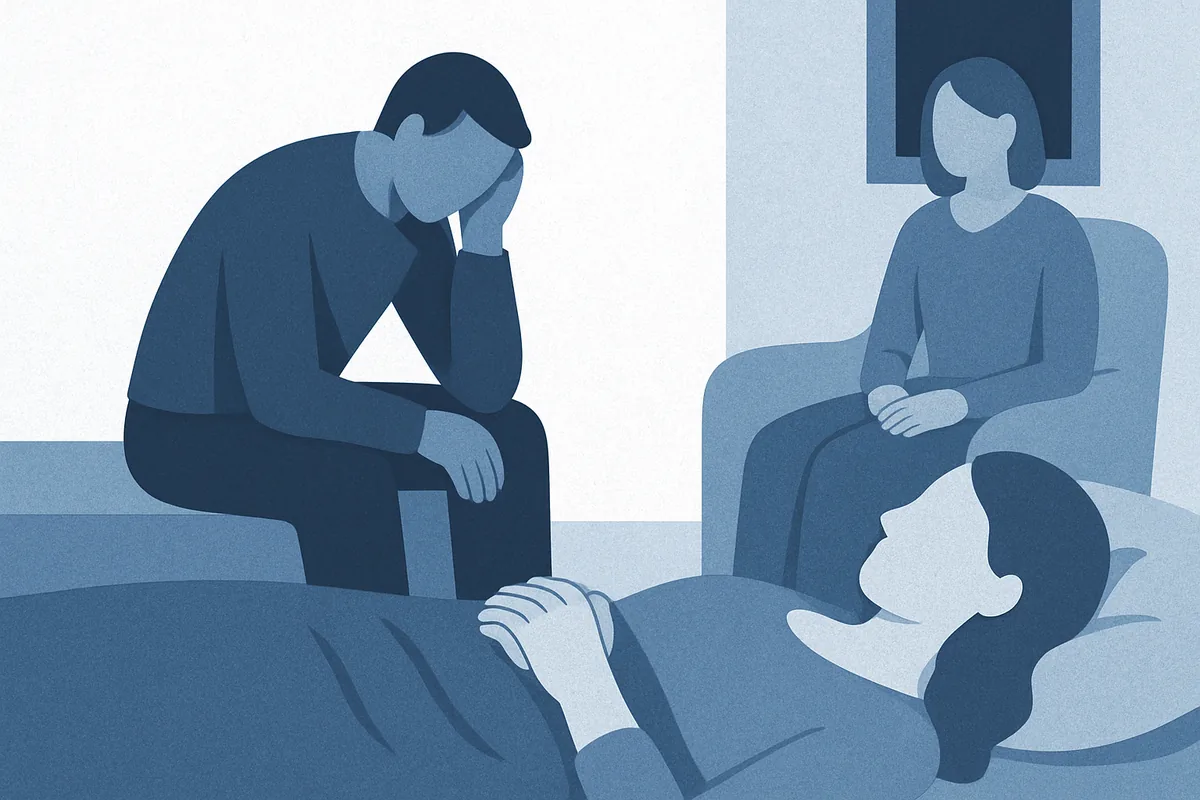 A patient in distressed posture confers with a calm therapist in a clinical setting, with a supportive third figure present, illustrating professional mental health care in soft blue tones.