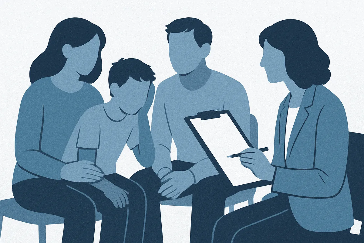 A clinician with clipboard conducting a consultation with a family of three seated together, rendered as faceless figures in soft blue tones.