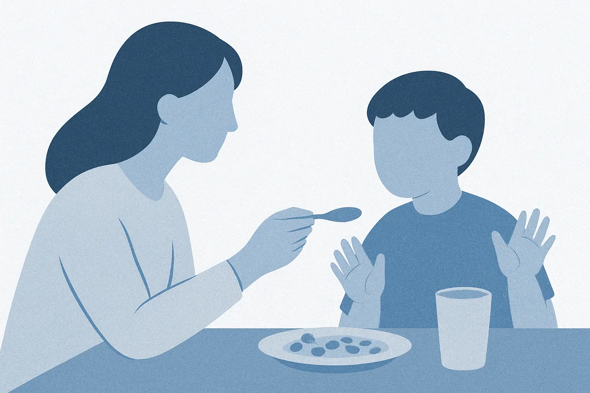 An adult and child sit at a table during mealtime, with a plate of food and glass of water between them, in a soft illustration depicting caregiver-child interaction around eating in soft blue tones.