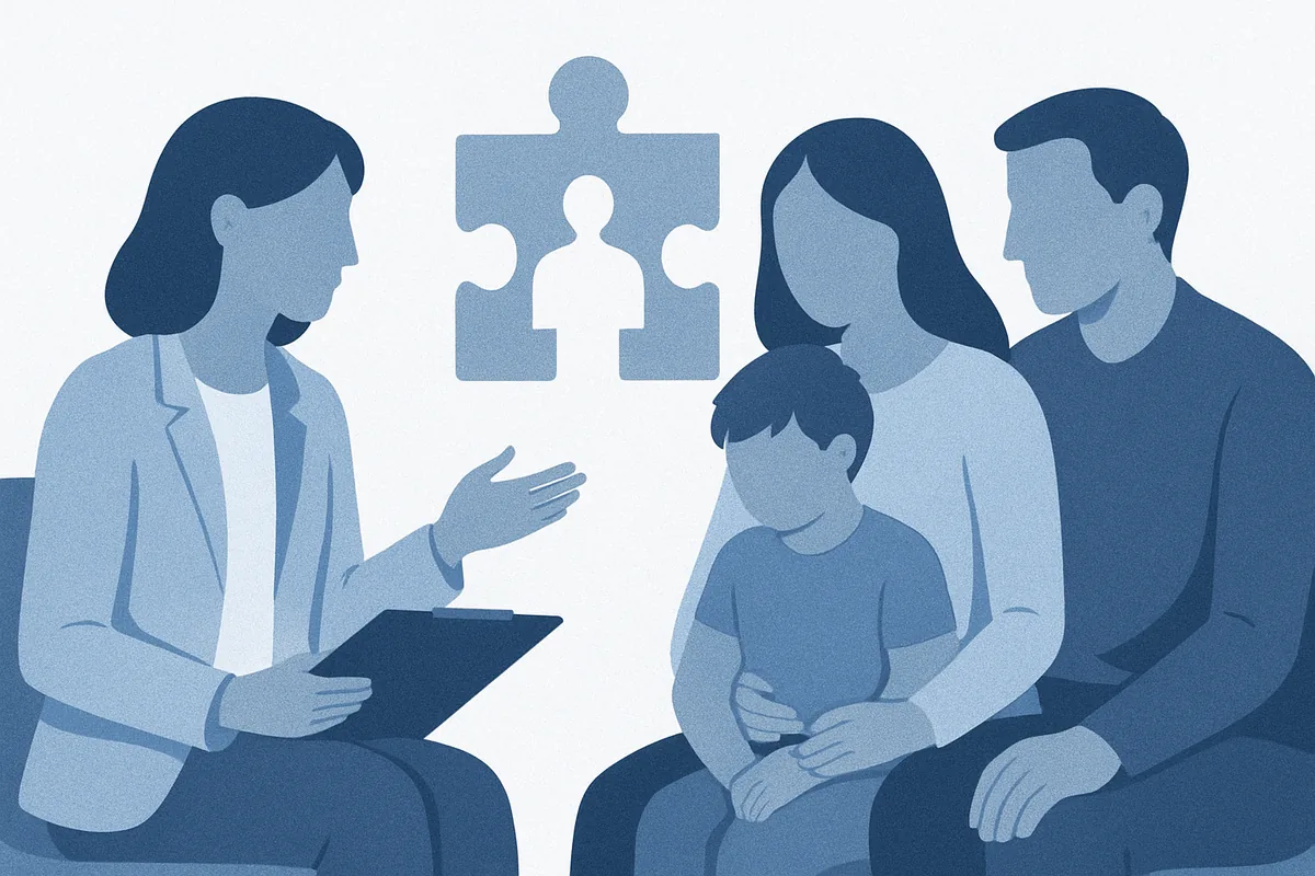 A mental health professional consults with a family including parents and a child, with an autism puzzle piece symbol above them, in soft blue tones.