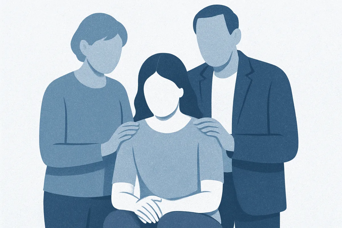 Three supportive adults with blank faces standing behind a centered seated child figure with crossed arms, rendered in soft blue tones.
