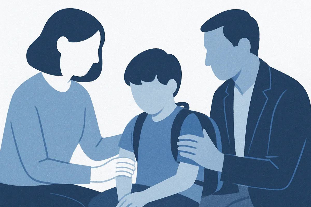 Two adults provide supportive guidance to a child wearing a school backpack in a collaborative educational setting, shown in soft blue tones.