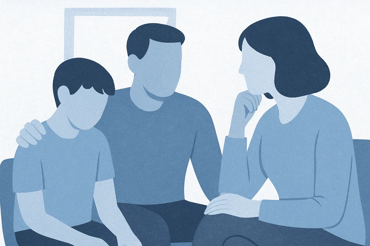 A supportive family group of three figures sitting together in consultation during an adult autism assessment conversation, rendered in soft blue tones.