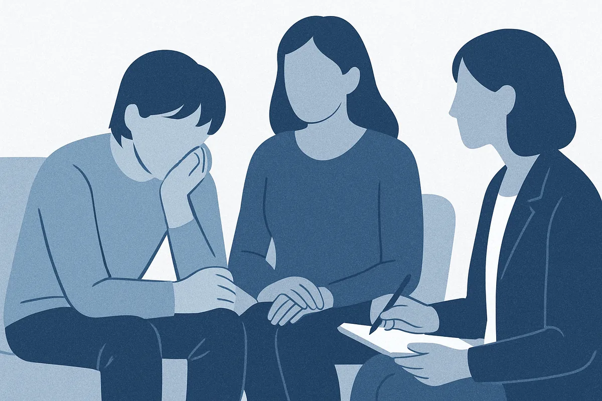 A teenager sits with hand to face in a thoughtful pose while two adults, possibly a parent and mental health professional, engage in conversation during a consultation meeting in soft blue tones.