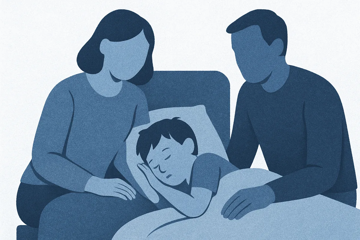Two adults tenderly support a sleeping child in a scene of calm caregiving in soft blue tones