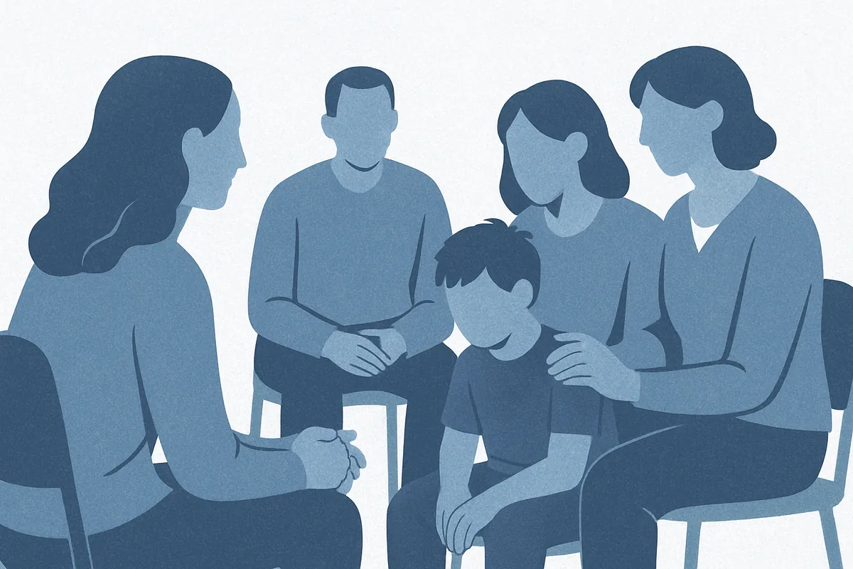 A diverse group of adults and a child sitting together in a supportive circle, engaged in conversation and connection, in soft blue tones.