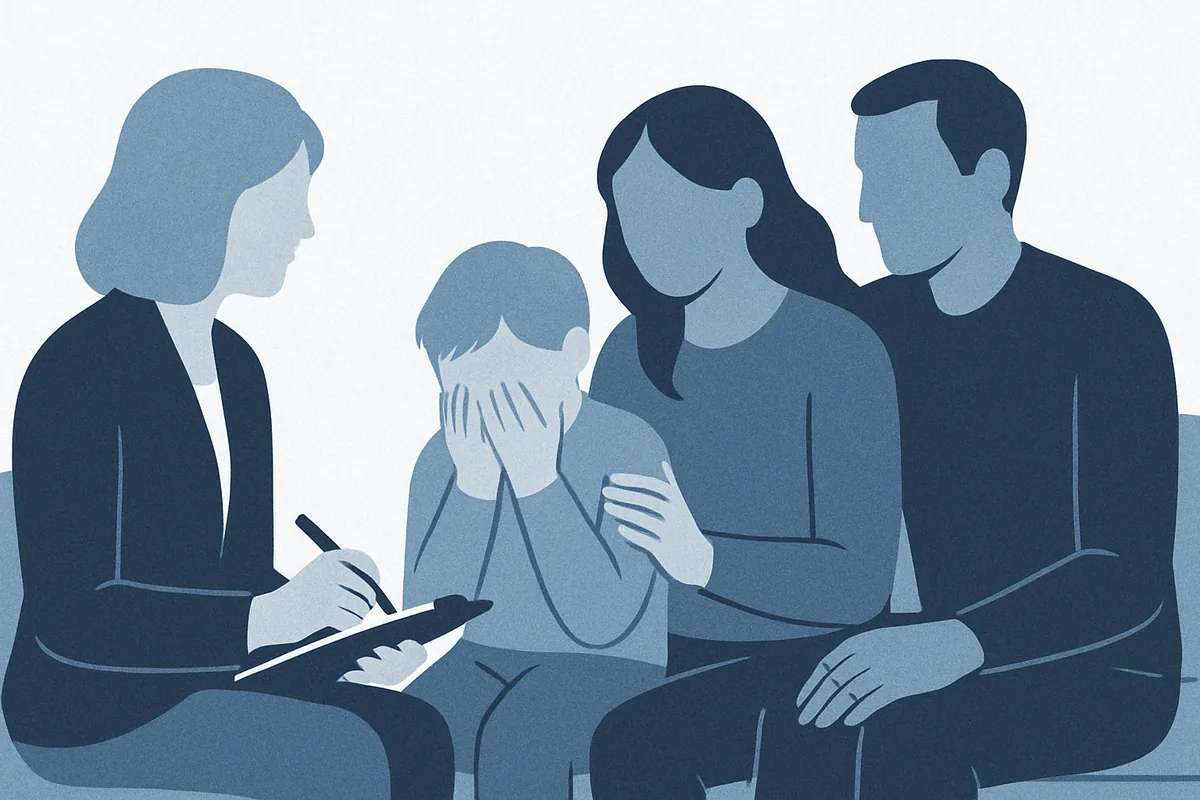 A professional clinician conducts a supportive assessment session with a family including parents and a child, depicted as minimalist silhouettes in soft blue tones.