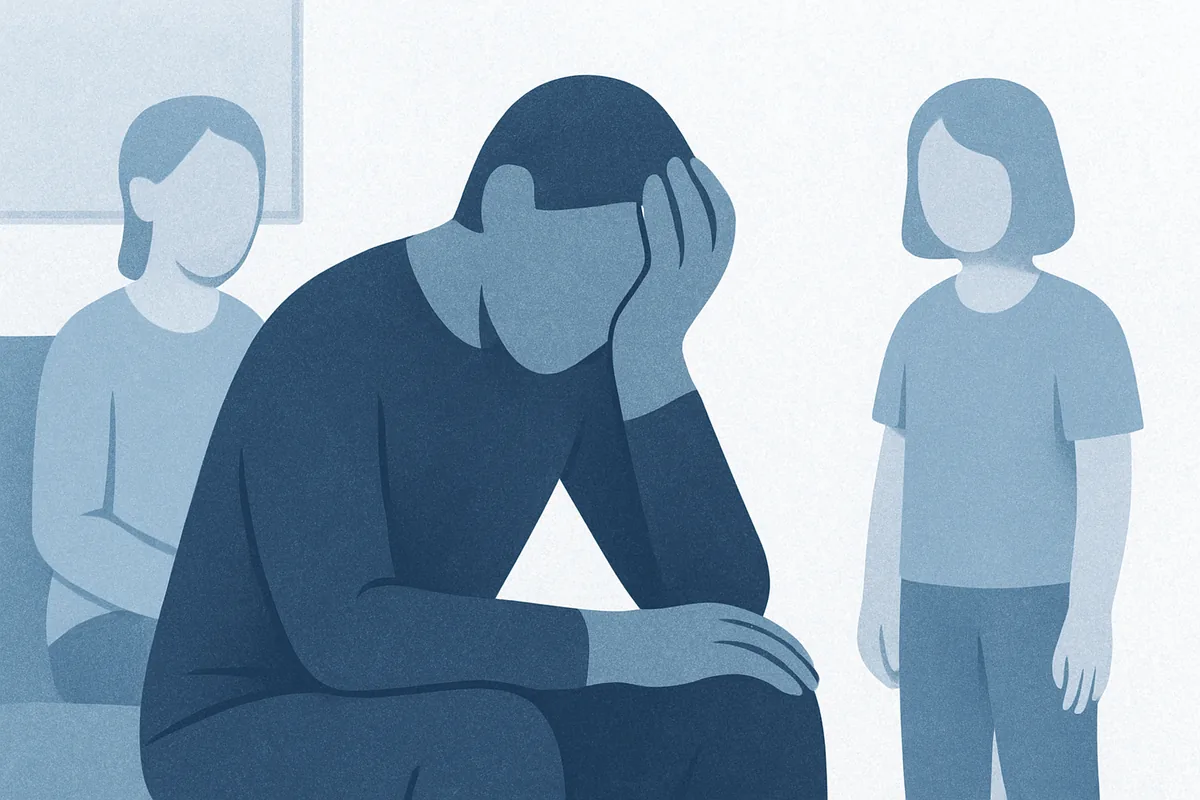An adult with head in hand in a posture of exhaustion sits flanked by two figures, conveying overwhelm and burnout within a social context, in soft blue tones.