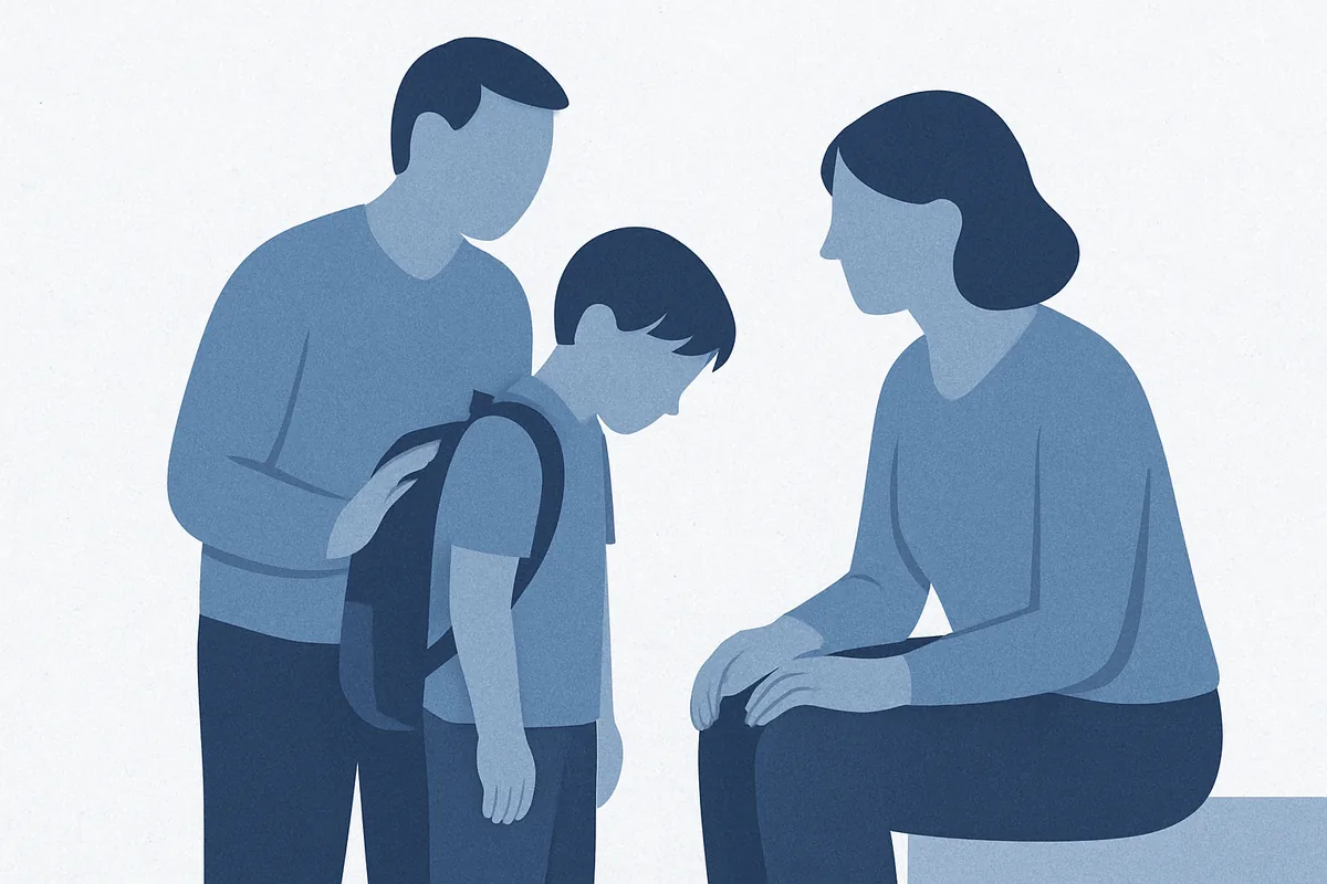 A parent and child meet with a healthcare professional in a supportive consultation, illustrated in soft blue tones.