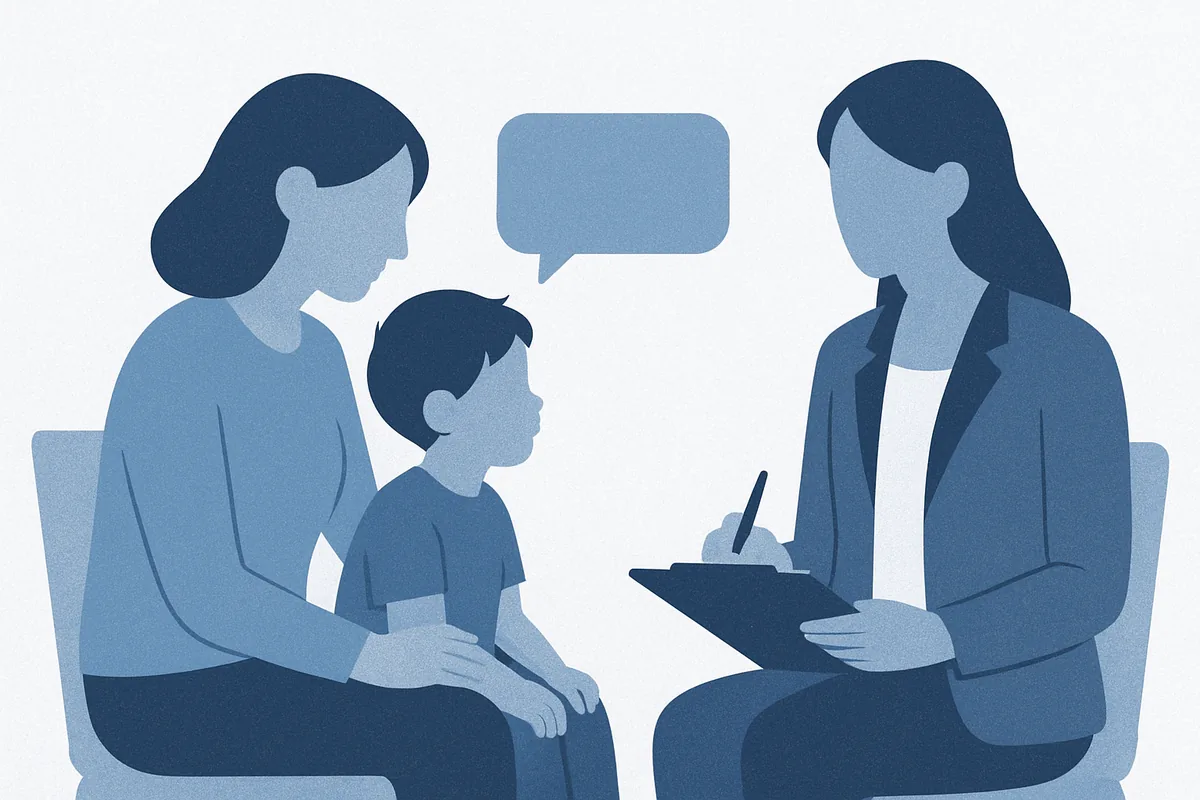 A mother and young child in consultation with a female healthcare professional holding a clipboard, seated and discussing language development concerns in soft blue tones.