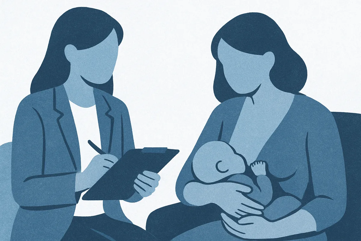 A healthcare provider in professional attire consults with a mother holding her infant during a caring clinical interaction in soft blue tones.