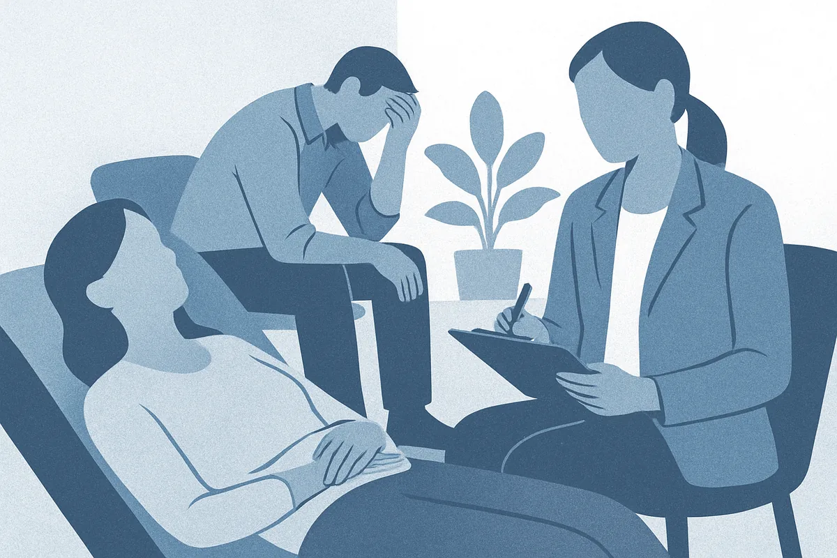 A professional therapy session showing a patient and therapist in conversation with the therapist taking notes, with a potted plant between them, in soft blue tones.