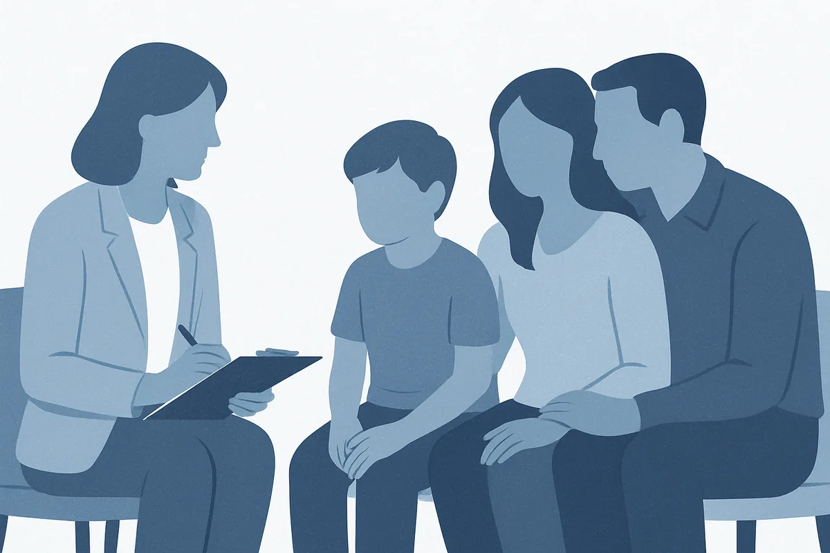 A healthcare professional with clipboard conducts a consultation with a family including a child and two adults, all rendered in soft blue tones.