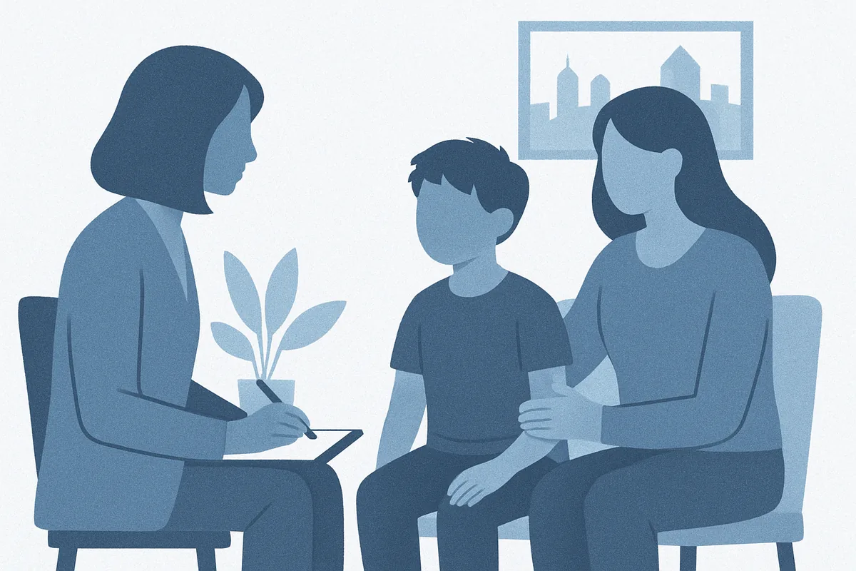 A female therapist consults with a young boy and his mother during a child psychology session in a modern office with cityscape view, rendered in soft blue tones.