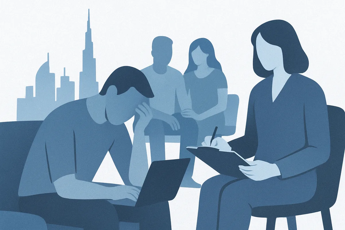 A mental health counselor conducts a professional consultation session with corporate employees in a modern urban setting, with Dubai's skyline visible in the background, rendered in soft blue tones.