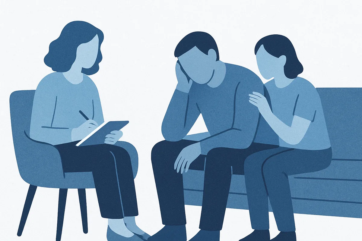 A therapist with clipboard consults with two patients seated on a couch in an emotionally supportive counseling session in soft blue tones