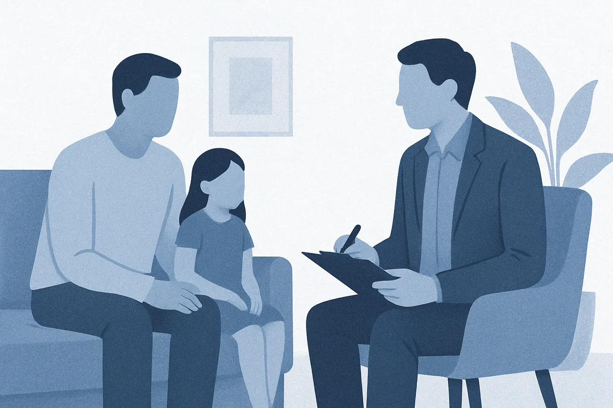 A professional healthcare consultation scene showing a psychologist taking notes while meeting with a family including two adults and a child in a modern office setting with decorative plants, illustrated in soft blue tones.