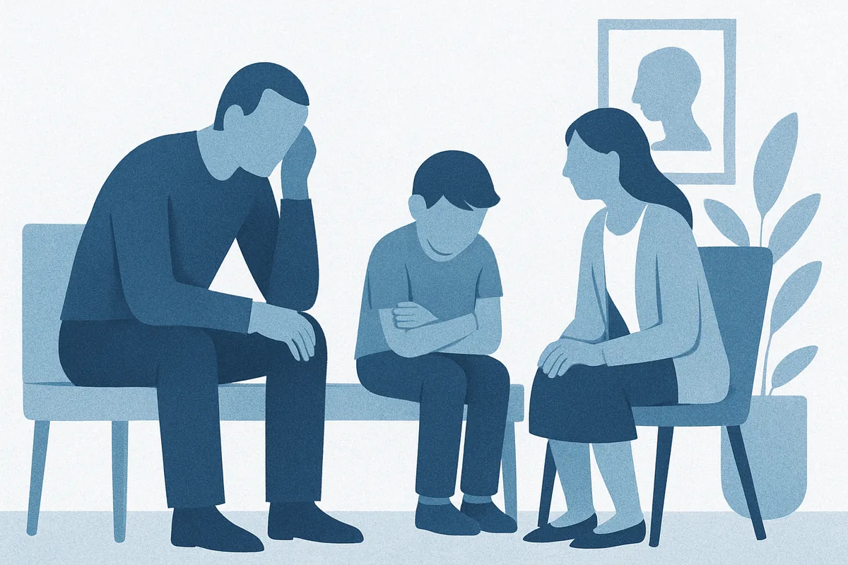 An adult and child sit in consultation in a calm clinical setting with soft furnishings and a framed portrait on the wall, representing therapeutic support and family mental health in soft blue tones