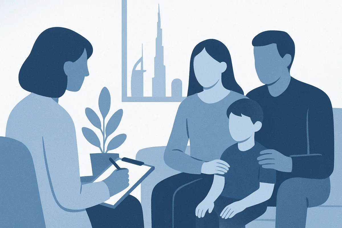 A therapist or counselor meets with a family—two parents and their child—in a professional consultation, with a Dubai cityscape visible through a window behind them, rendered in soft blue tones.
