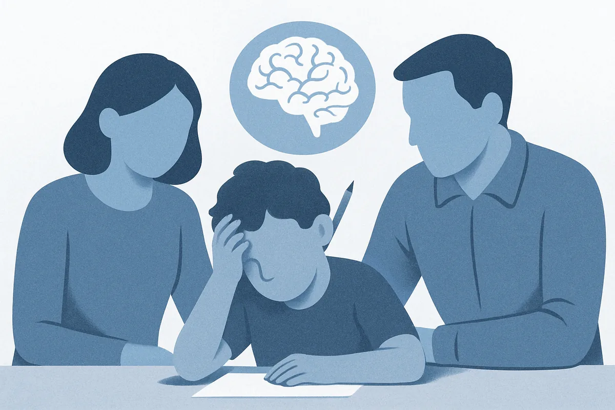 Two adults and a child seated at a table with a brain icon above them, depicting a supportive consultation about executive function and ADHD, in soft blue tones.