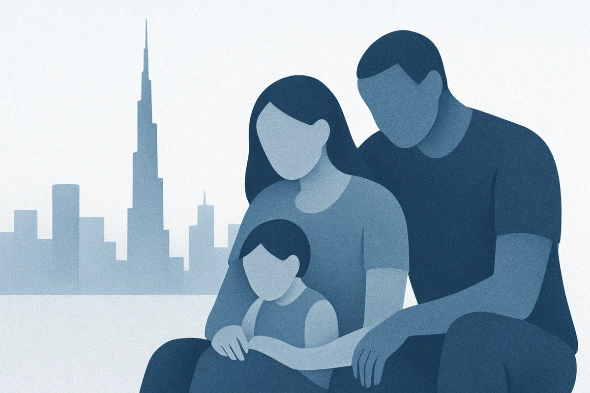 A faceless family of three sits together against a hazy Dubai skyline, embodying connection and support through life's pressures, in soft blue tones.