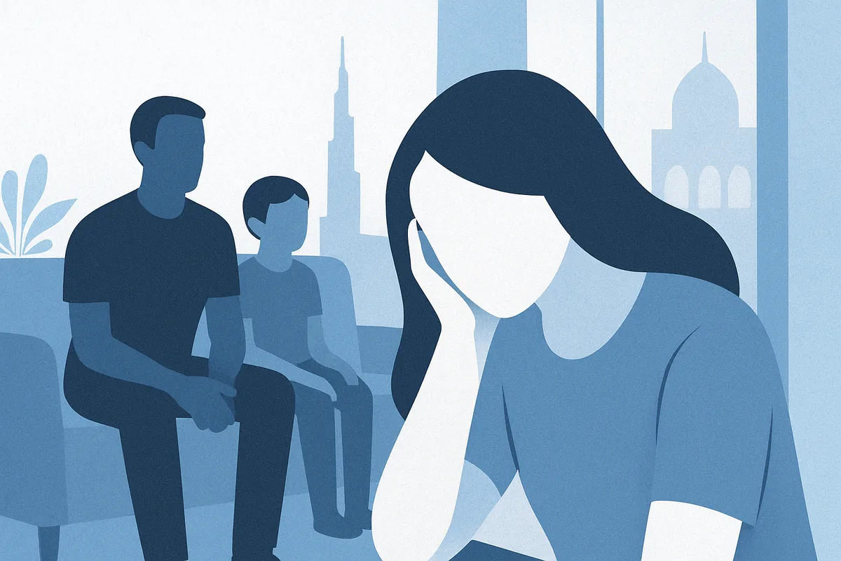 A contemplative woman with long dark hair stands in the foreground with a blank face, while two figures sit in the background against a stylised city skyline, all rendered in soft blue tones.