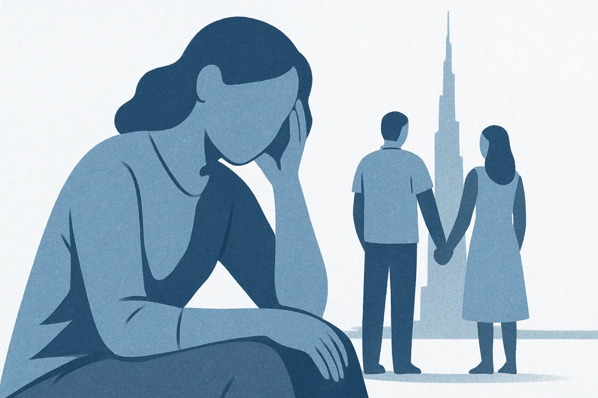 A woman in emotional distress holds her face in her hands in the foreground while a couple holding hands stands together in an urban setting in the background, depicting isolation and connection in soft blue tones.