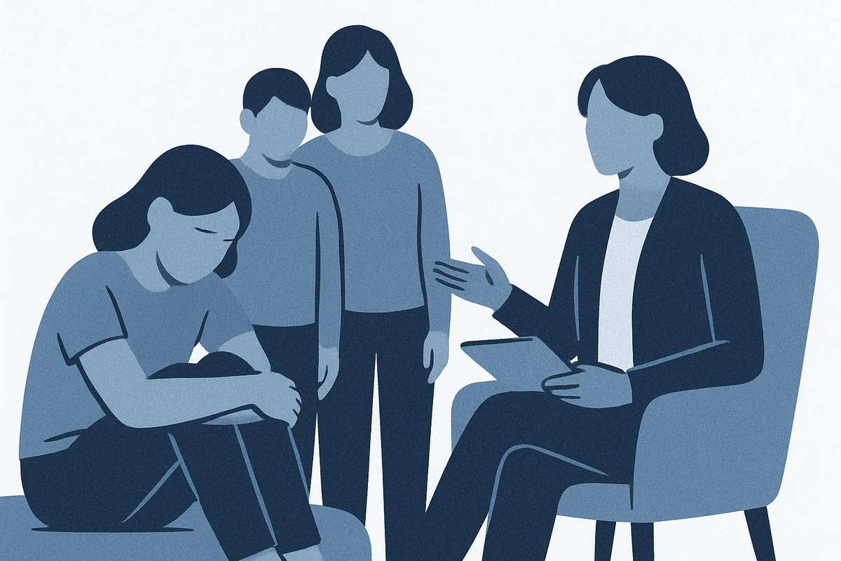 A therapist seated in a chair holds a tablet while engaging with three younger people in a supportive group setting, one appearing withdrawn and thoughtful, rendered in soft blue tones.