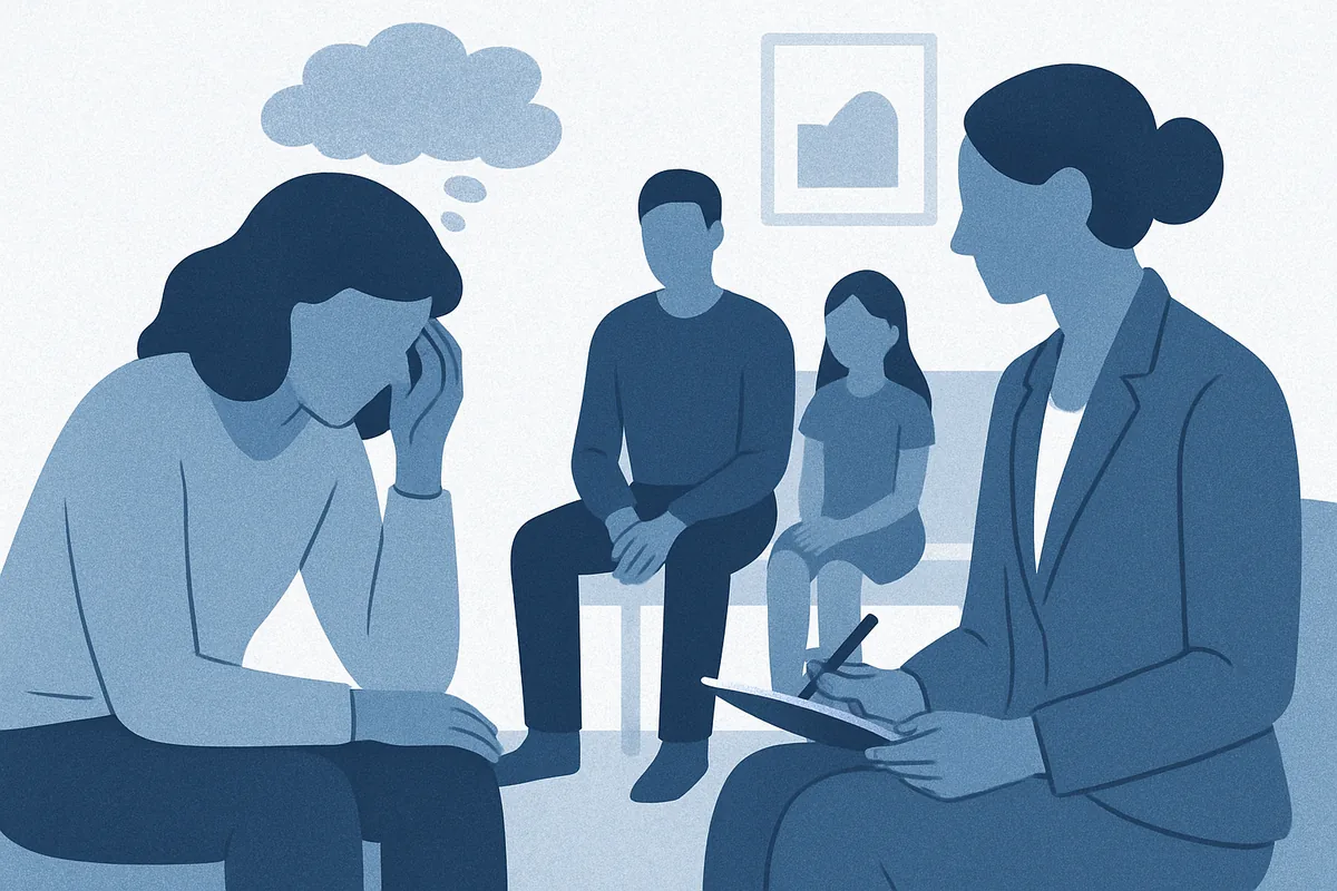 A professional therapist in business attire takes notes while consulting with an anxious client in a calm clinic office, with a family in the background, rendered in soft blue tones.