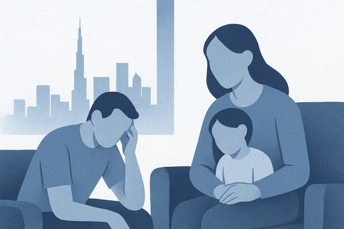 A faceless man and woman with child sit together on a couch against a distant cityscape skyline, suggesting emotional complexity around expat family life, in soft blue tones.