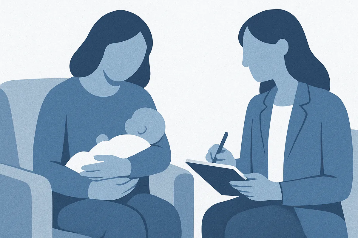 A mother holding her newborn infant meets with a healthcare professional who takes notes during a supportive consultation, depicted in soft blue tones.