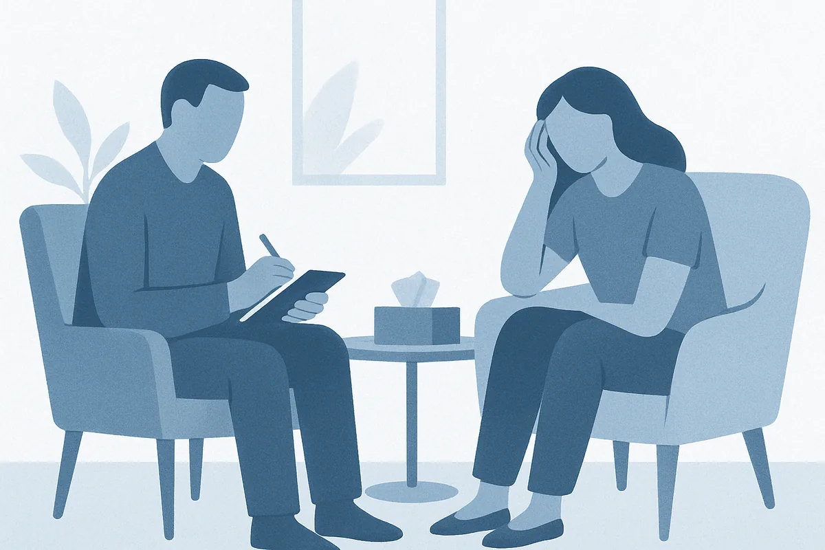 A therapist takes notes while listening to a patient in a calm consultation room with potted plants and artwork visible in soft blue tones.