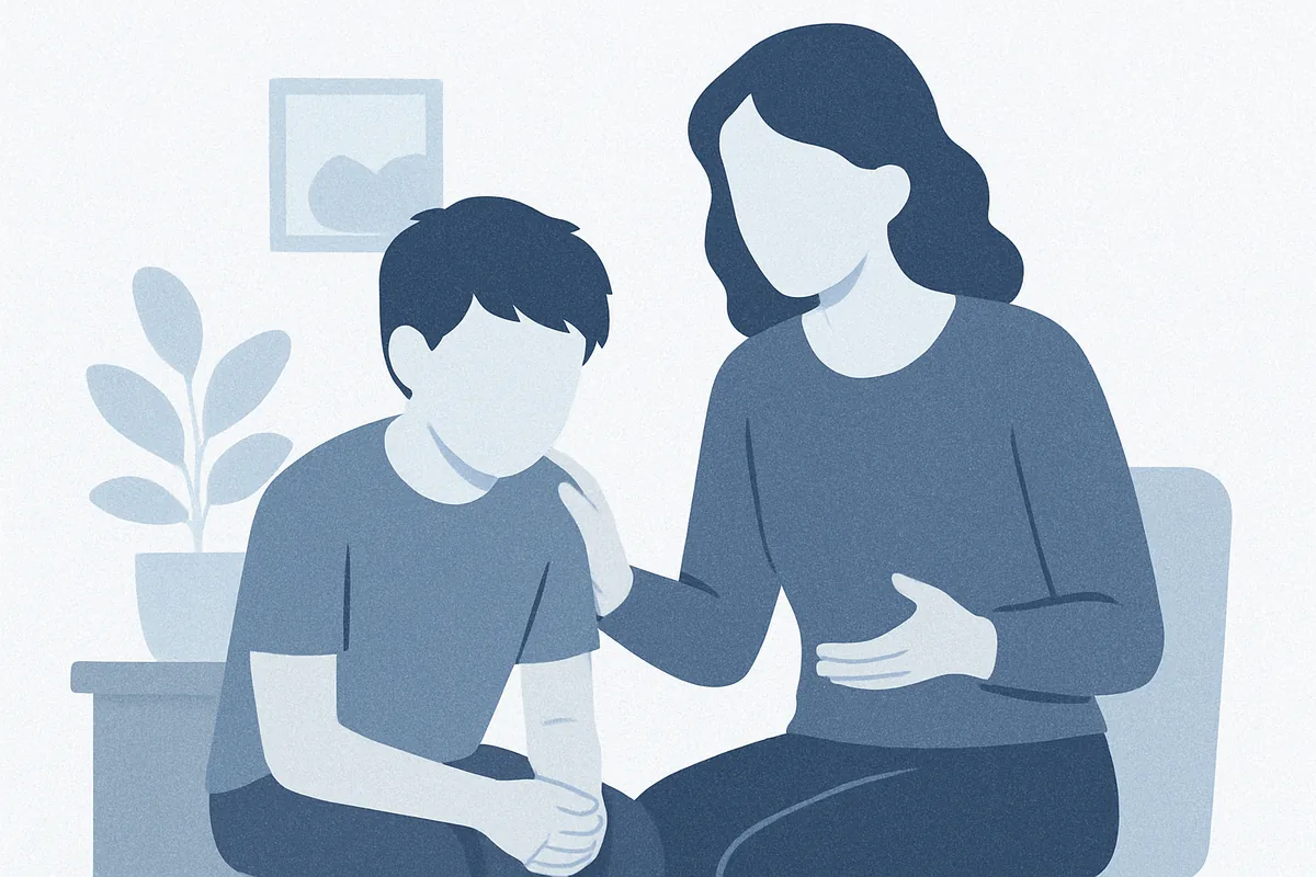 An adult woman and child sit together on a couch having a gentle conversation, with a potted plant and framed picture visible in a home setting, rendered in soft blue tones.