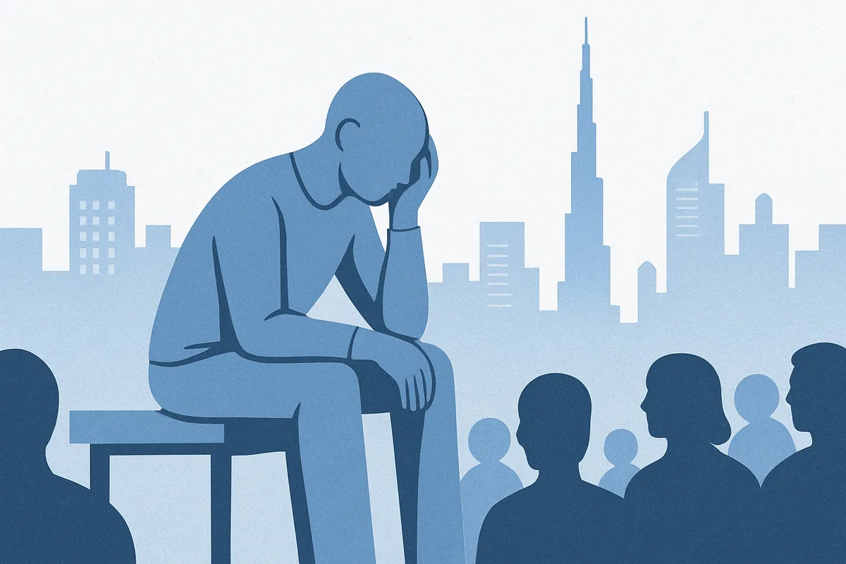 A solitary figure sits in contemplation amid a crowd of silhouetted people against a city skyline in soft blue tones