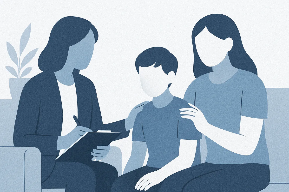 A therapist or counselor with clipboard consulting with a woman and child in a supportive mental health session in soft blue tones.