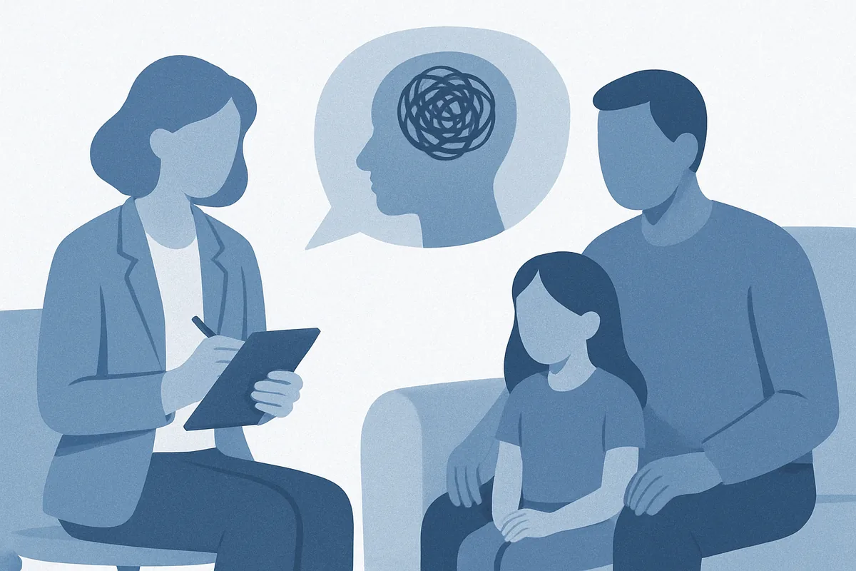 A female mental health professional conducts a therapy session with a family, depicted as soft blue silhouettes with one figure showing abstract thought patterns, representing psychological support and counseling in soft blue tones.