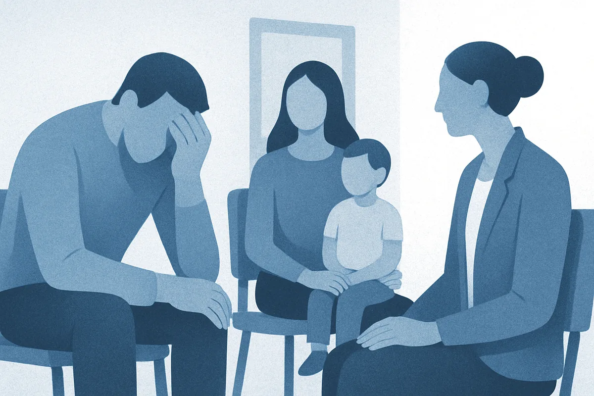 A therapist in professional attire sits with a mother and child in a counseling session, all rendered as faceless figures in soft blue tones.